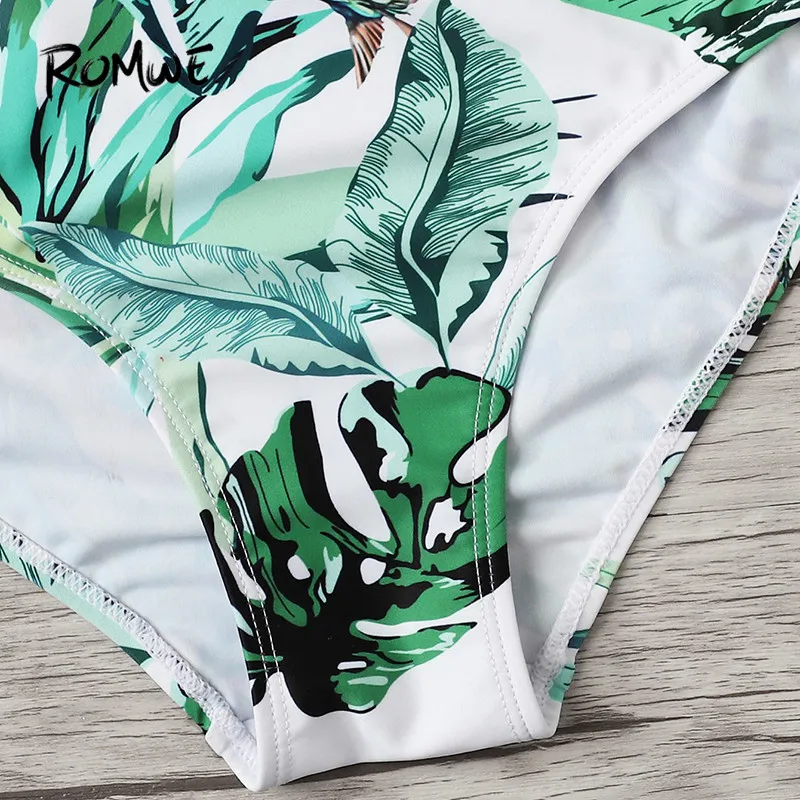 Romwe спортивный зеленый сдельный купальник открытые на молнии спереди купальники в тропическом стиле сексуальные с глубоким вырезом купальные костюмы для женщин Летняя Пляжная одежда