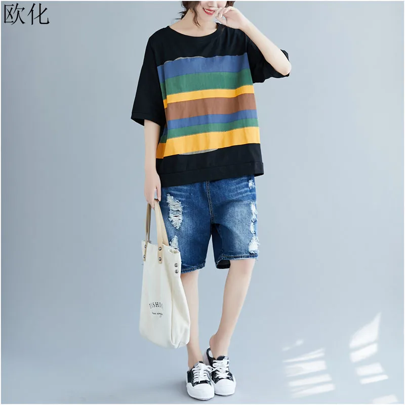 

Oversize T Shirt Women Summer Short Sleeve Striped Cotton Tee Shirt Tops Female Vintage Plus Size Loose T Shirts Femme 4XL 2019