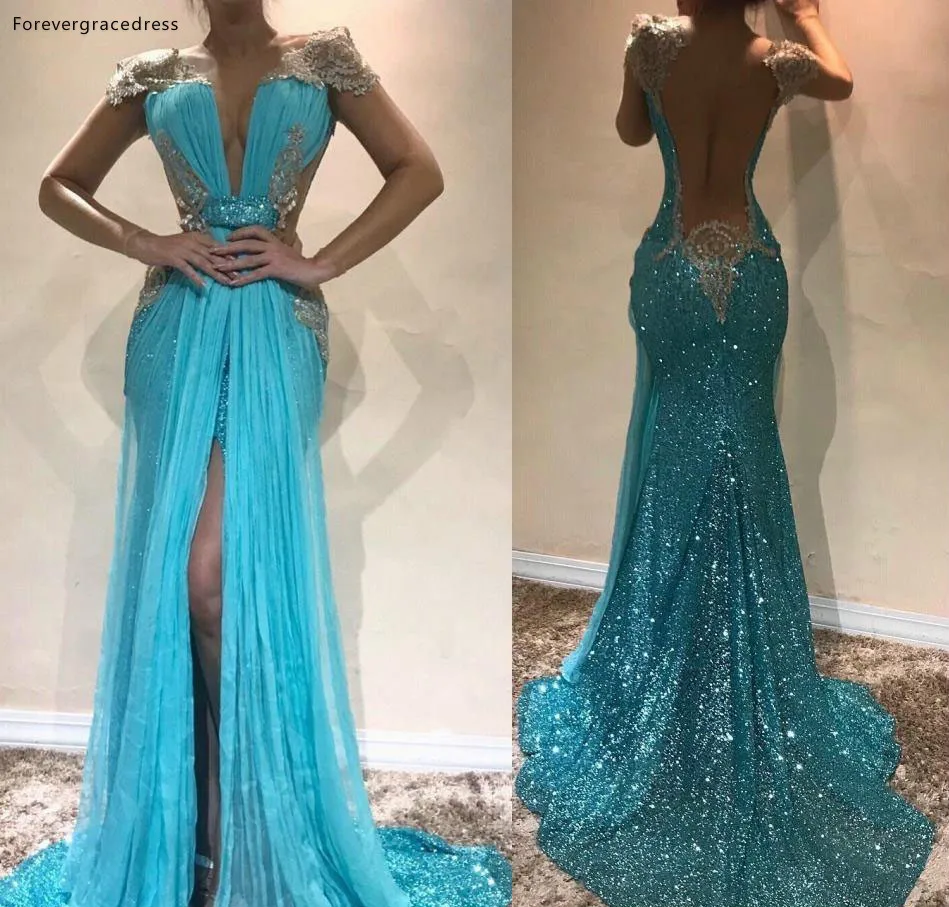 2019 Cheap Long Evening Dress Dubai Front Split Open Back Sequined Holiday Women Wear Formal Party Prom Gown Custom Made sexy ball gowns Evening Dresses