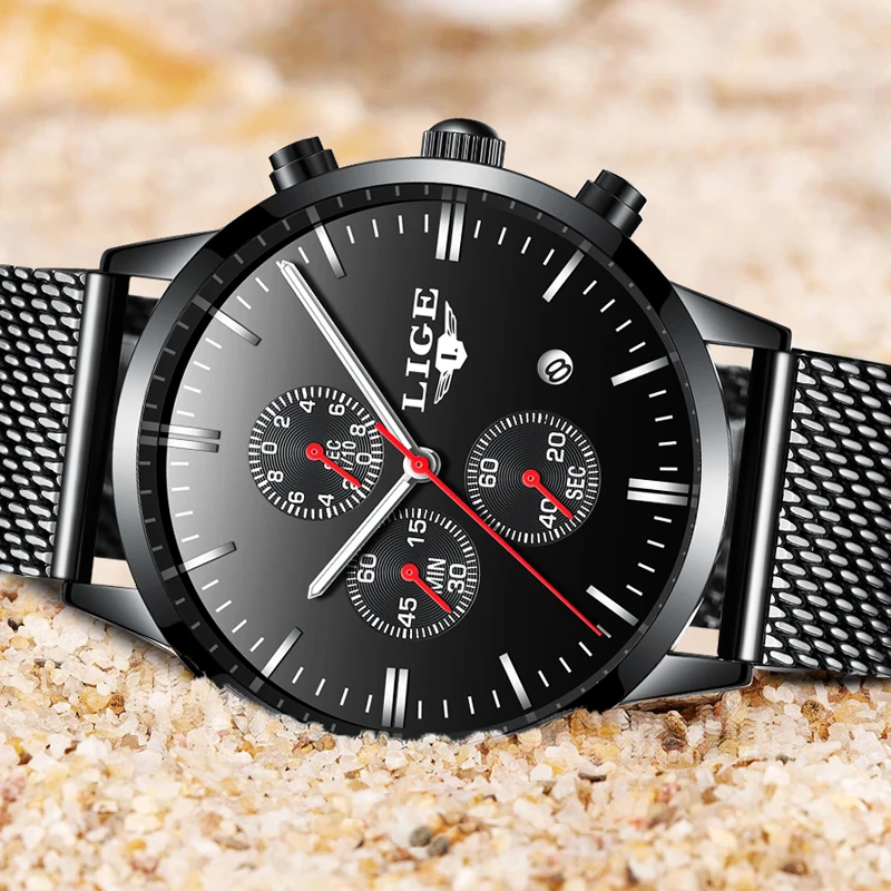 LIGE Luxury Brand Casual Watches Men Simple Business Quartz Watch Man Mesh Strap Date Fashion Black Male Clock Relogio Masculino
