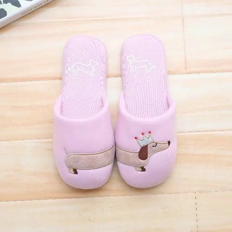 Women's Fuzzy Pink And Light Blue Dog Plush Cotton Slippers Slip On Dachshund Female Slippers