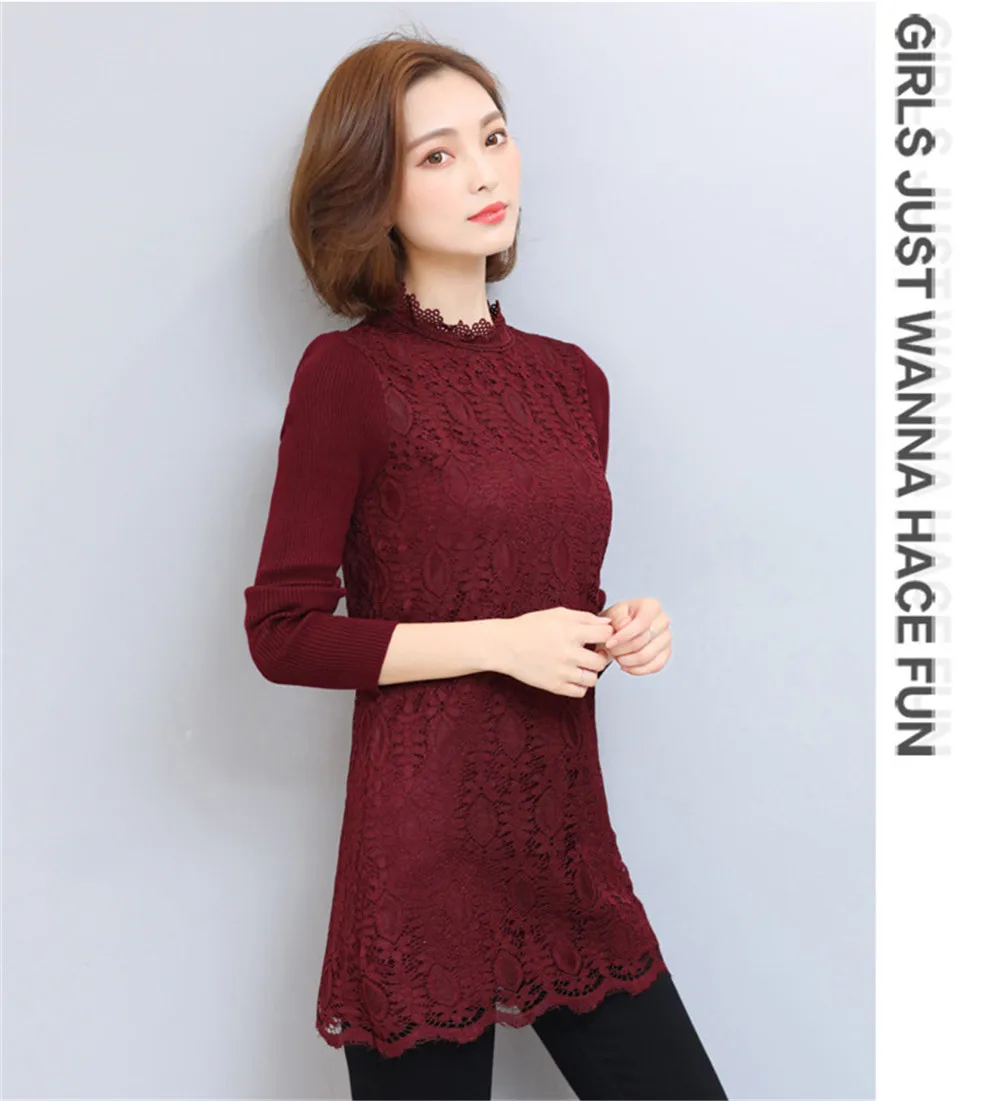 Autumn-Winter Thicken Women Lace Dress 2017 All Match Sweater Sleeve Wine Lace Dress vestido Plus Size 3XL bodycon Work Dress  (13)