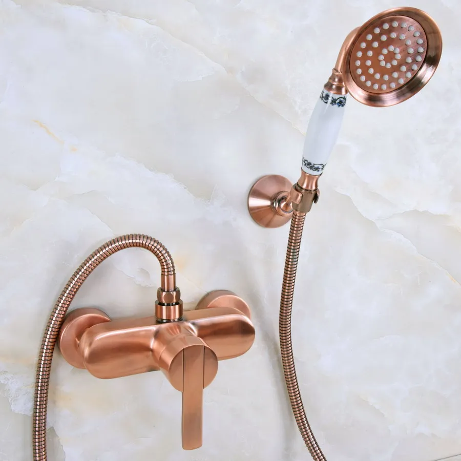 

Antique Red Copper Brass Single Lever Handle Wall Mounted Bathroom Shower Faucet Mixer Tap Set w/ Ceramic Hand Shower ana292