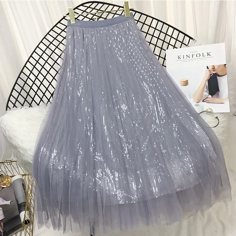 Женская плиссированная юбка в стиле ампир для женщин, с эластичным поясом, длинная юбка, Женская Повседневная Высококачественная юбка до середины икры Saia, яркая сетчатая юбка с блестками
