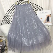 Женская плиссированная юбка в стиле ампир для женщин, с эластичным поясом, длинная юбка, Женская Повседневная Высококачественная юбка до середины икры Saia, яркая сетчатая юбка с блестками