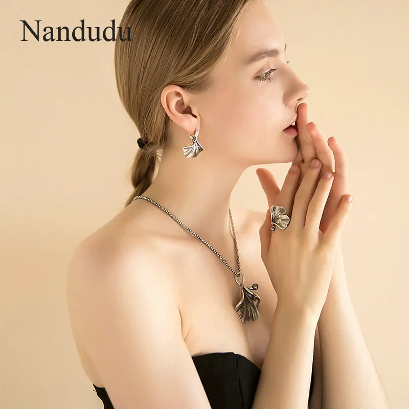 Nandudu, винтажный Ретро кулон в виде листьев гинкго с жемчугом, ожерелье, серьги, кольцо, ювелирные наборы, серый цвет, бижутерия для женщин, подарок