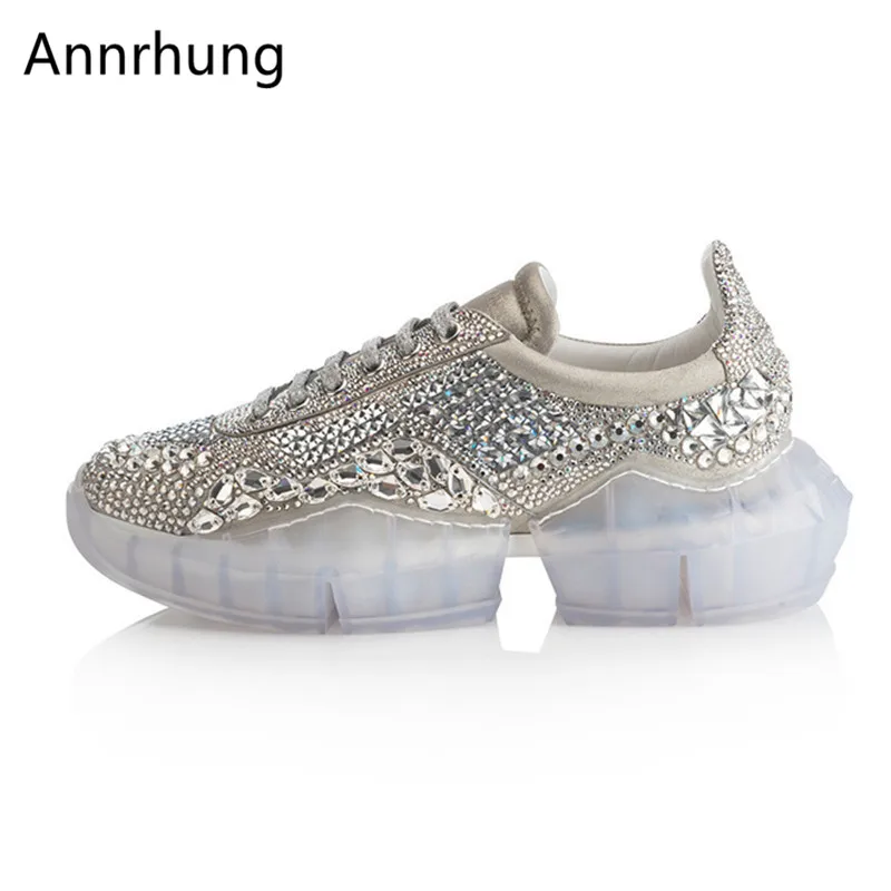 

2019 New Style Crystal White Sneakers Women Cross-tied Thick Bottom Platform Shoes Rhinestone Casual Flats For Women