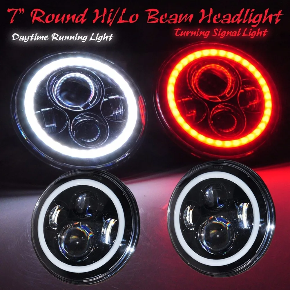 2PCS Car led light Bulbs 7 inch round led headlight Red turn signal DRL