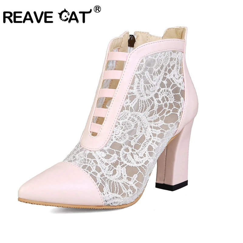

REAVE CAT New Arrival 2019 Spring PU Lace Mesh Zipper Ankle Boots Square Heel Pointed Toe Women Sexy Outdoor Pumps White Size 46