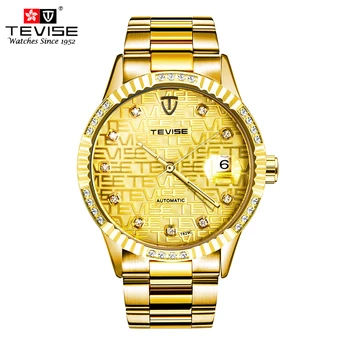 

TEVISE Men Automatic Self-Wind Watch Man Gold Full Stainless Steel Luxury Skeleton Auto Date Wristwatches T629C with band tool