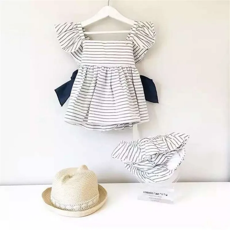 

2018 Cotton Summer Baby girls Dress Suit 2 Pcs Striped dress suit princes dress big bow tie casual clothes suit For 1-6T