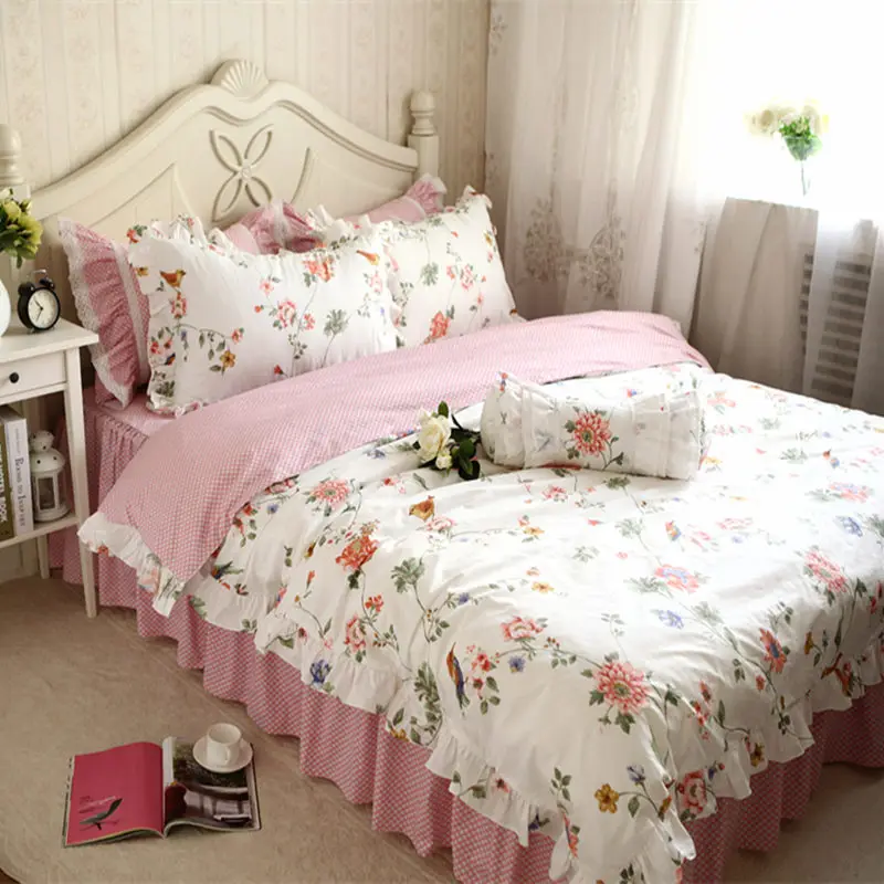 Hot European Pastoral Bedding Set Ruffle Flowers With Bird Duvet