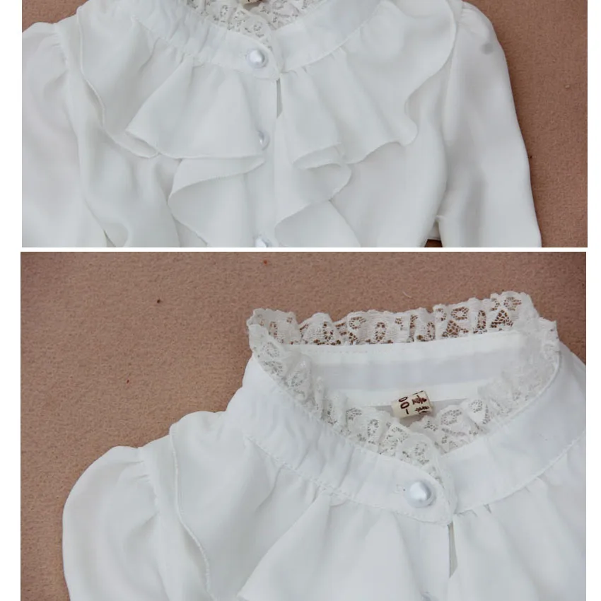 Girls Spring Autumn Blouses Chiffon Peter Pan Collar Long Sleeve Shirt White Lace Decoration 6 8 10 Y