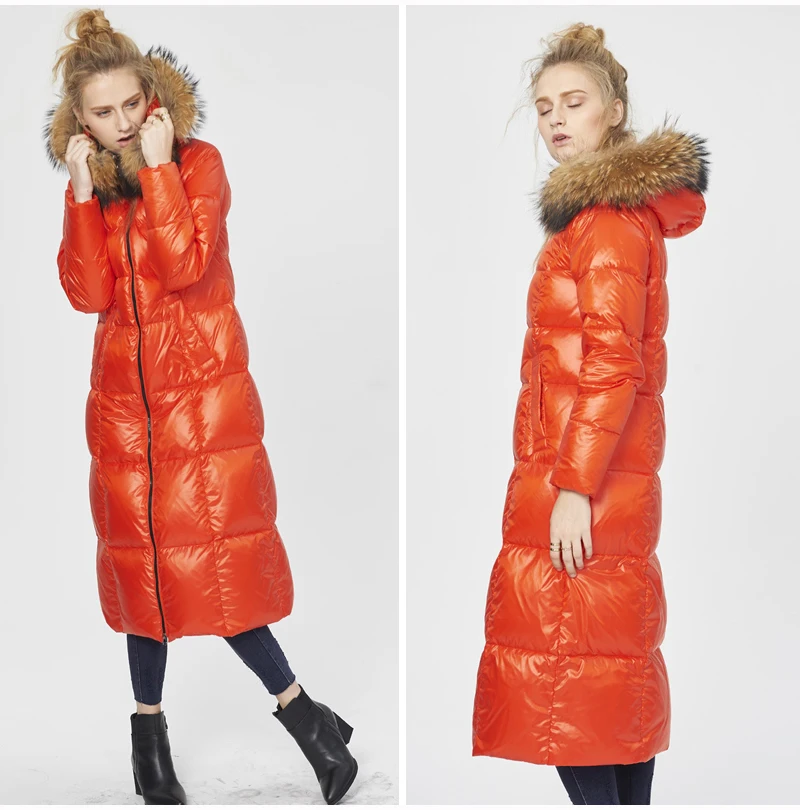YNZZU бренд женские зимние пуховики Новые длинные толстые из натурального меха енота воротник с капюшоном Роскошные теплые женские зимние куртки AO295