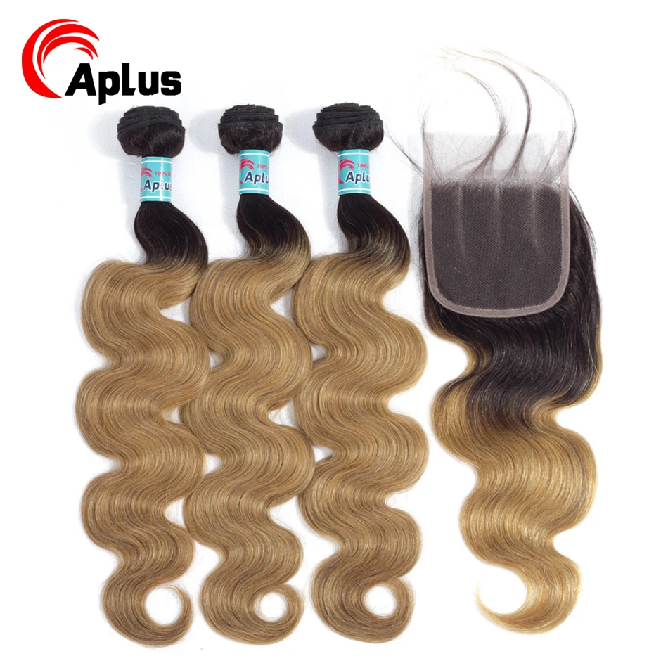 

Aplus Hair Ombre Human Hair Bundles with Closure T1b/27 Honey Blonde Non Remy Peruvian Hair Weave 4*4 Lace Closure With 3 Bundle