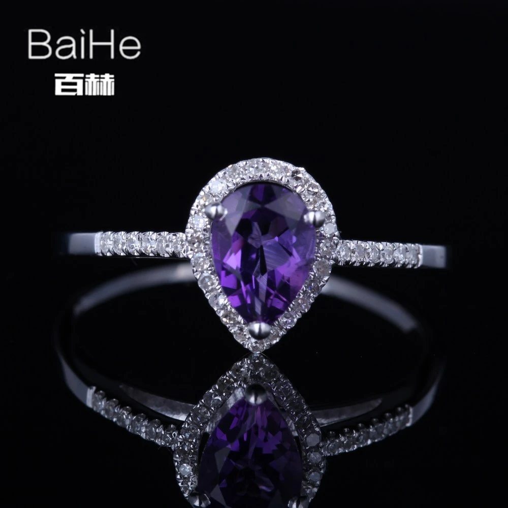 BAIHE Sterling Silver 925 0.644ct Certified Purple Flawless Pear cut Amethyst Flawless Wedding Women Trendy Fine Jewelry Ring