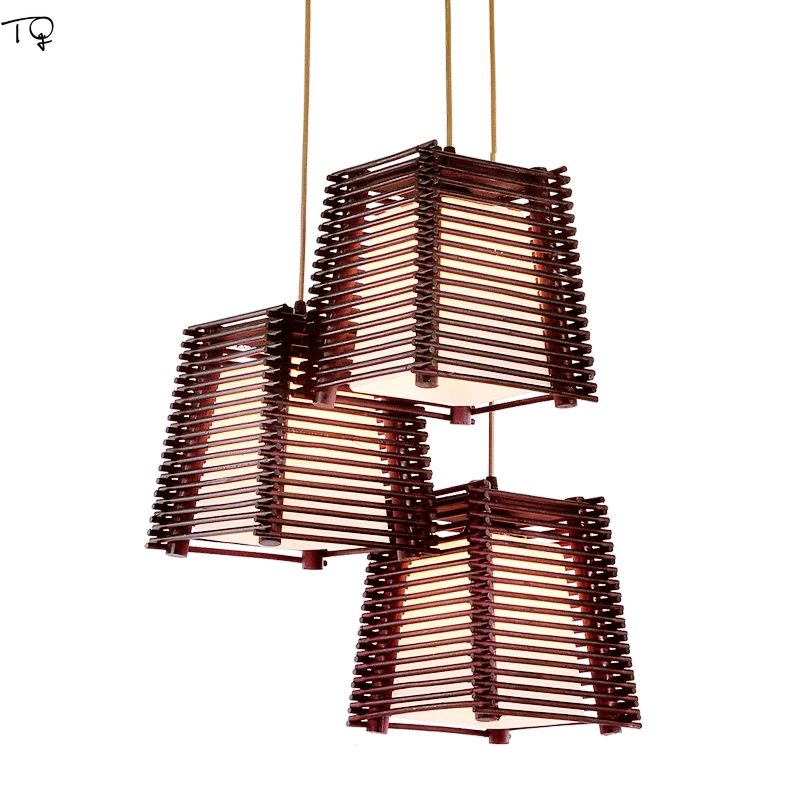 

Wooden Pendant Lights Southeast Asia Japanese Creative Hotel Restaurant Triple Headlights Dining Bedroom Study Hanging Lights