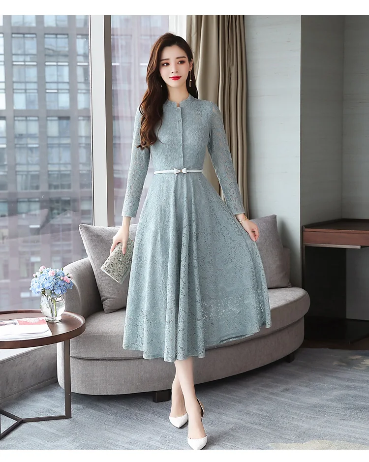 Женщин осень и зима 3XL большой размер ретро сплошной цвет кружева длинный участок синего женского платья корейский черный элегантный тонкий сексуальное платье с длинными рукавами показ мод Vestidos