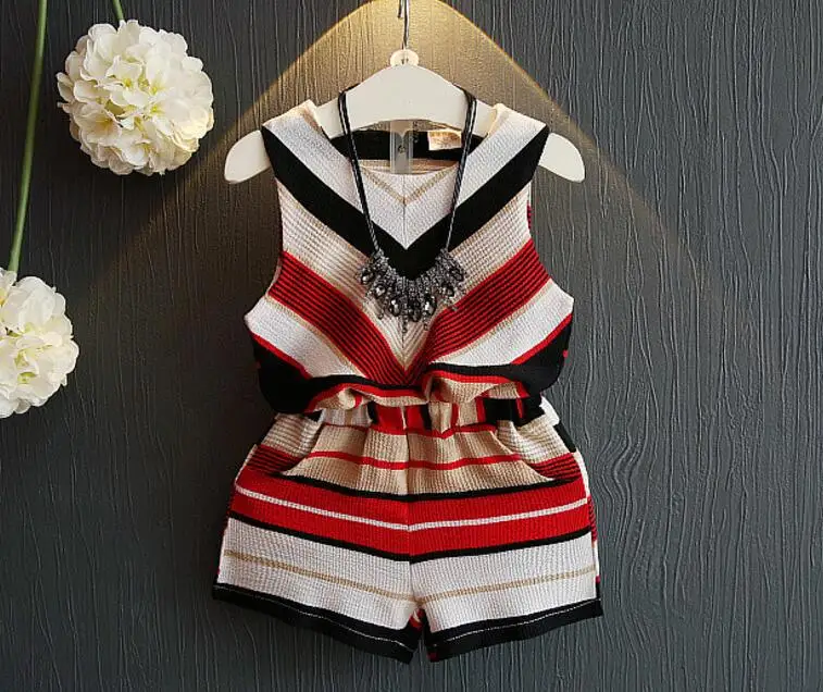 Sleeveless Girls Clothing Sets Casual Chiffon Striped Shirt Tops Shorts 2-piece Kids Clothes 2019 Summer Children Outfits Suit (3)