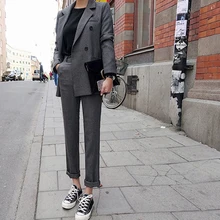 Fashion Spring And Autumn Slim Trousers Two Pieces Grey Double Breast Button Long Pant Jacket Office Lady Long Sleeves Lady Suit