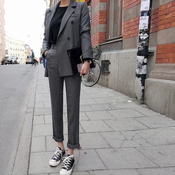 Fashion Spring And Autumn Slim Trousers Two Pieces Grey Double Breast Button Long Pant Jacket Office Lady Long Sleeves Lady Suit Fashion Spring And Autumn Slim Trousers Two Pieces Grey Double Breast Button Long Pant Jacket Office Lady Long Sleeves Lady Suit