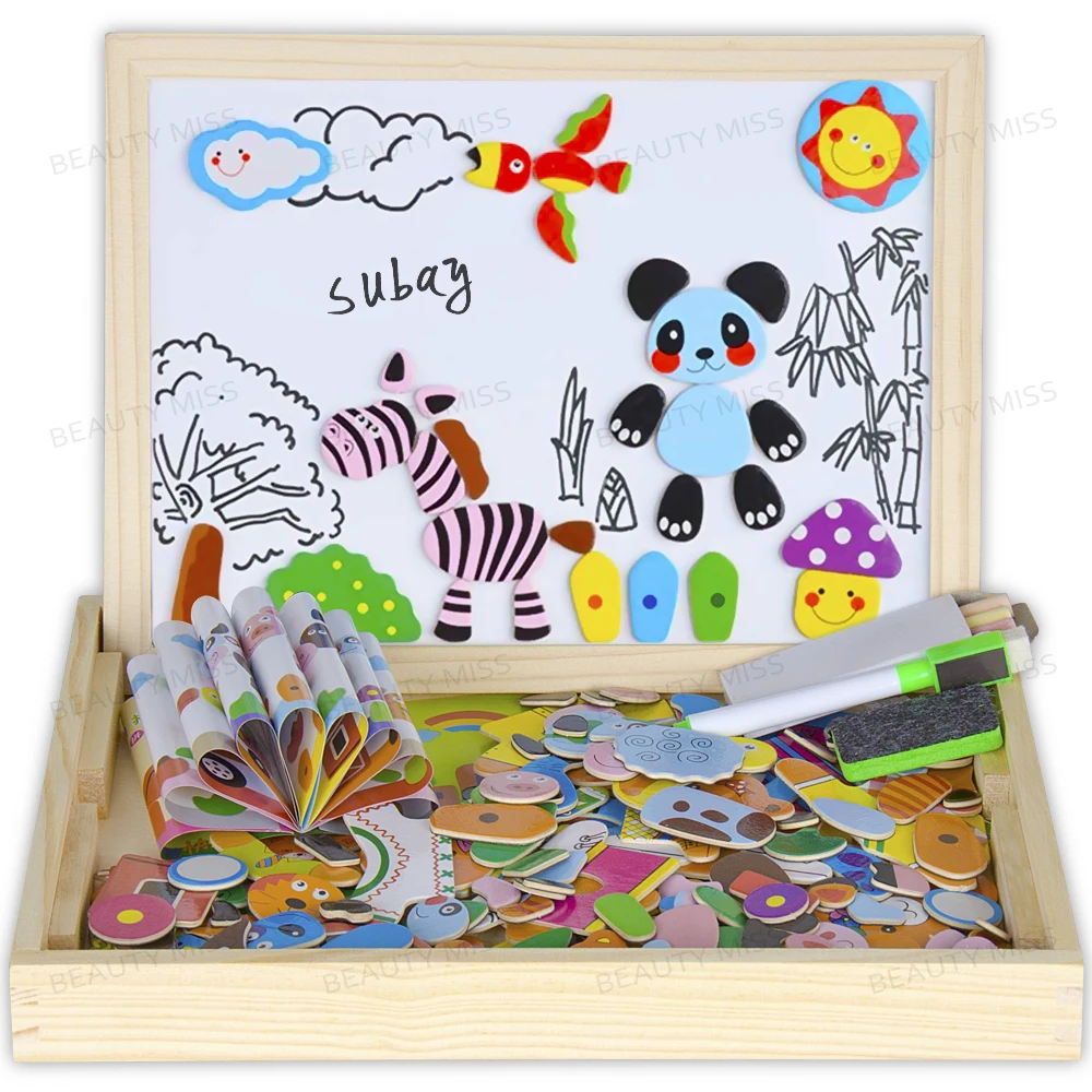 Forest Animal Wooden magnetic easel board Jigsaw Puzzle font b Toy b font Box with Blackboard