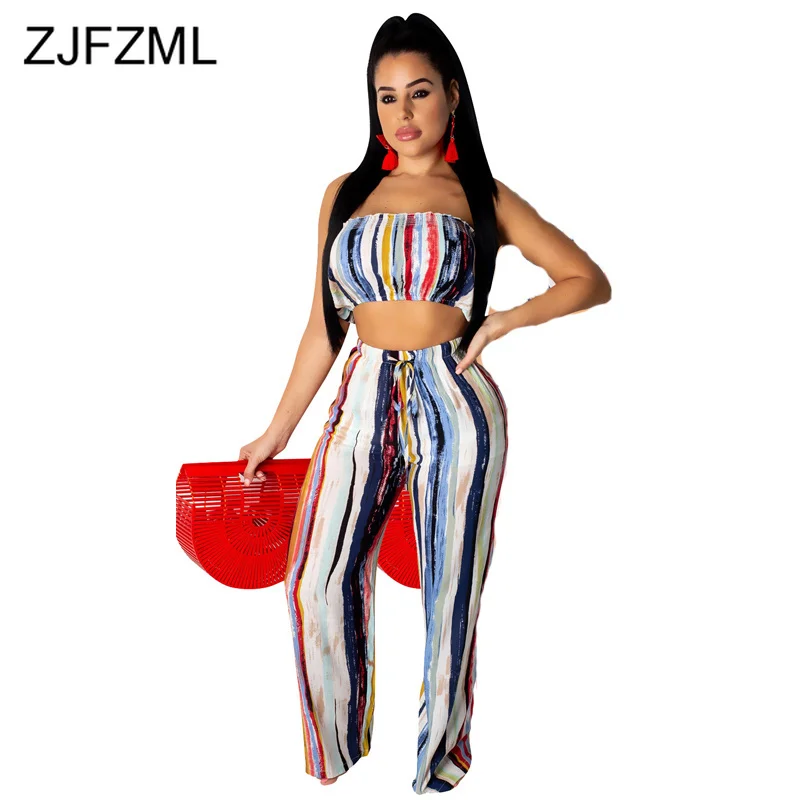 

Colorful Striped Print Two Piece Tracksuit Women Festival Clothes Off Shoulder Backless Crop Top And Wide Leg Pants Club Outfit