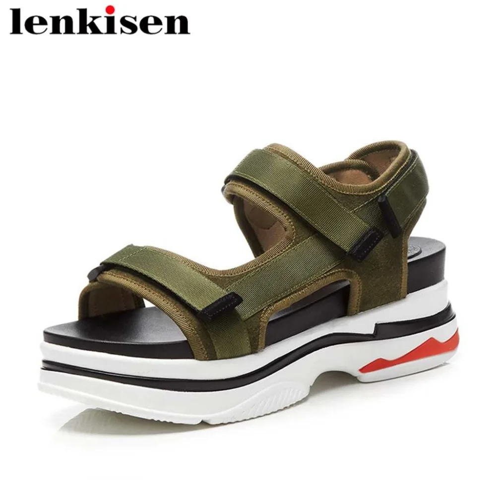 

Lenkisen plus size round peep toe high wedge bottom hook&loop pop gladiator style summer brand shoes women leather sandals L07