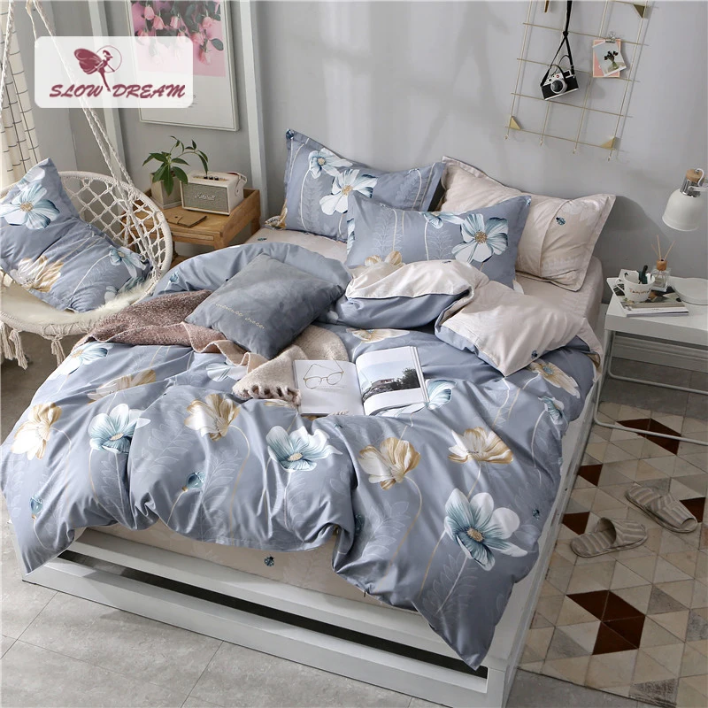 SlowDream Fitted Sheet On Elastic Rubber Bed Linen Set Duvet Cover