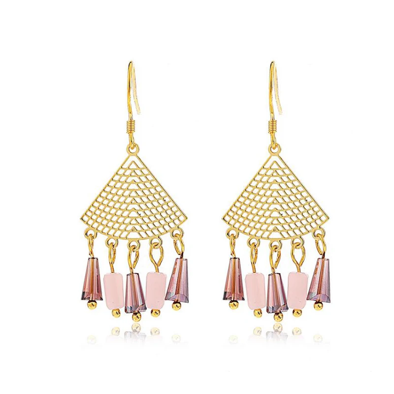 pink pierced Грейс JUN стиль кристалл геометрический веер Форма клип на серьги и Висячие серьги для вечерние свадьбу Шарм ювелирные изделия - Окраска металла: pink pierced
