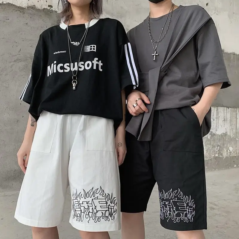 

Harajuku Pants Women Flame Letter Embroidery High Waist Loose Straight Pants Knee Length 2019 New Summer Fashion Pants Unisex