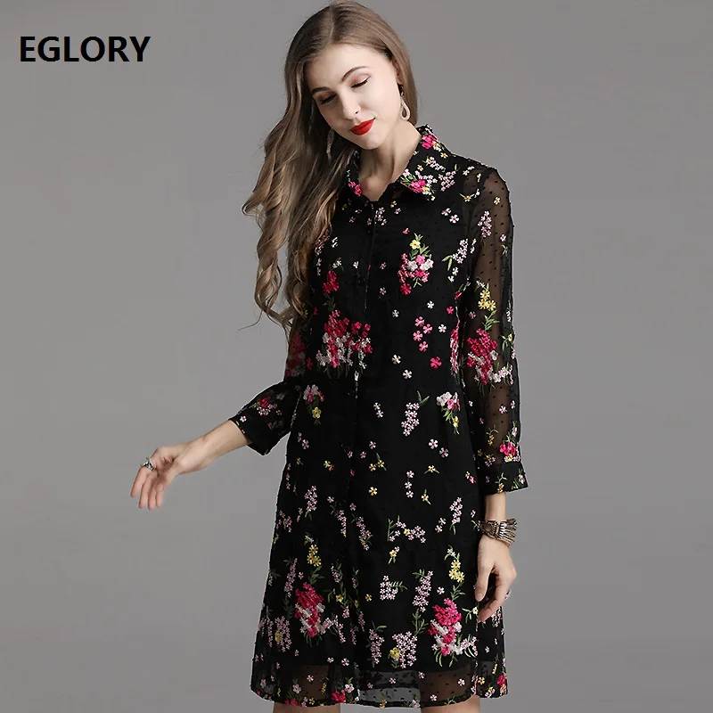 

Top Quality Brand Long Shirt Dress 2019 Summer Plus Size Tops Dress Women Turn-down Collar Allover Exquisite Embroidery Dress