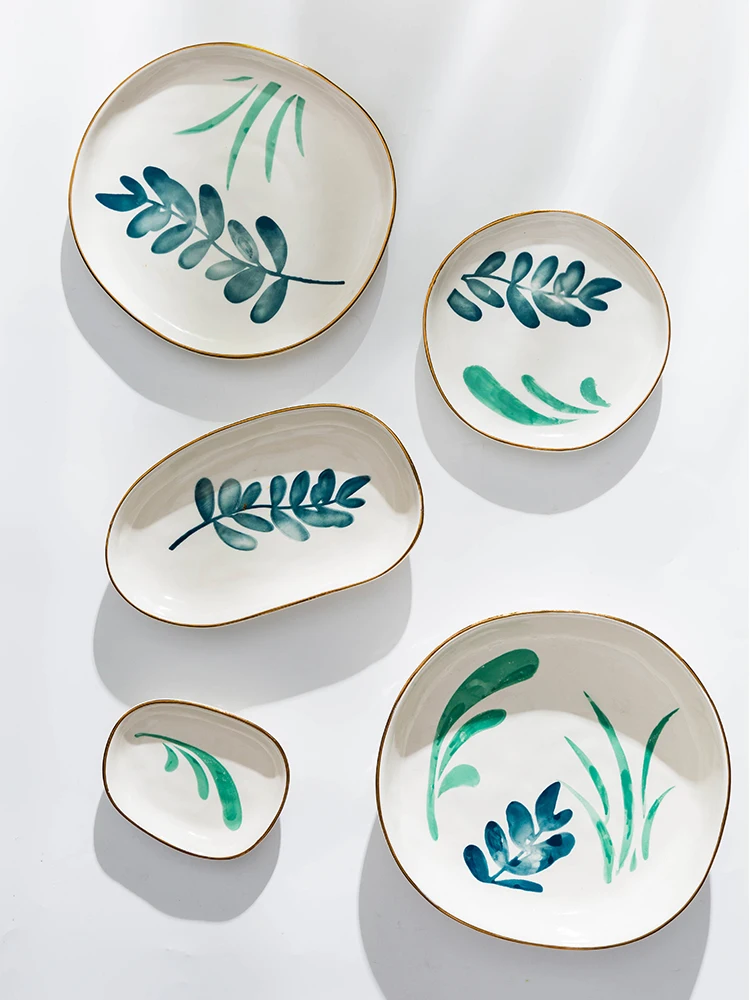 

EECAMAIL Hand-painted Underglaze Color Japanese Green Grass Small Fresh Ceramic Tableware Home Irregular Dinner Plate Soup Plat