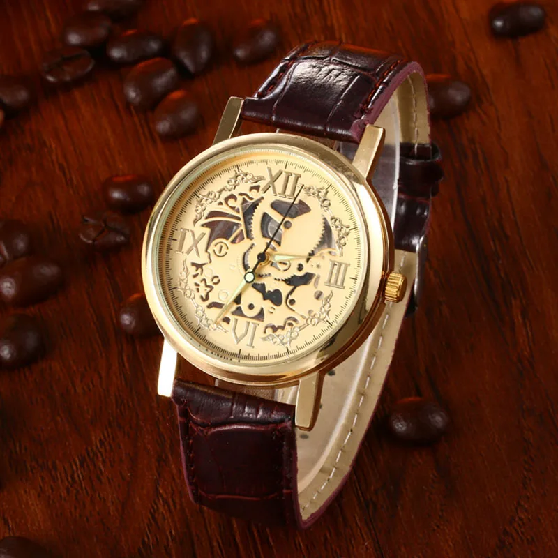 

Skeleton Roman Scale Men Watches Brown Leather Band Hollow Quartz Stainless Steel Gold WristWatch LL@17