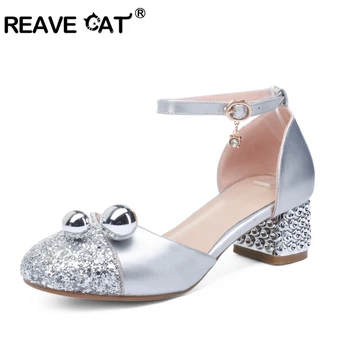 

REAVE CAT Ankle Strap Woman Sandals Sexy Bling Bead Thick Heels Girl Students Summer Round Toe Glitter Dancing Party Shoes Pink