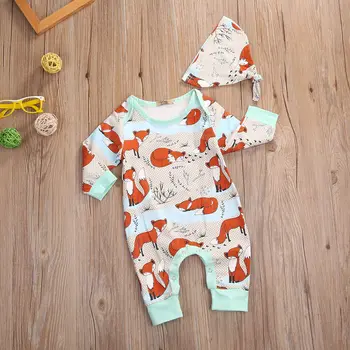 

New Baby Girl Boy Cartoon Print Romper Hat Set Infant Newborn Baby Girl Boy Romper Long Sleeves+Hat 2pcs Jumpsuit Outfit Pudcoco