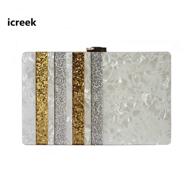 

New Acrylic Women Evening Bags Brand Fashion Golden Silver Striped Luxury Sequin Women Handbag Casual Wedding Clutch Vintage box