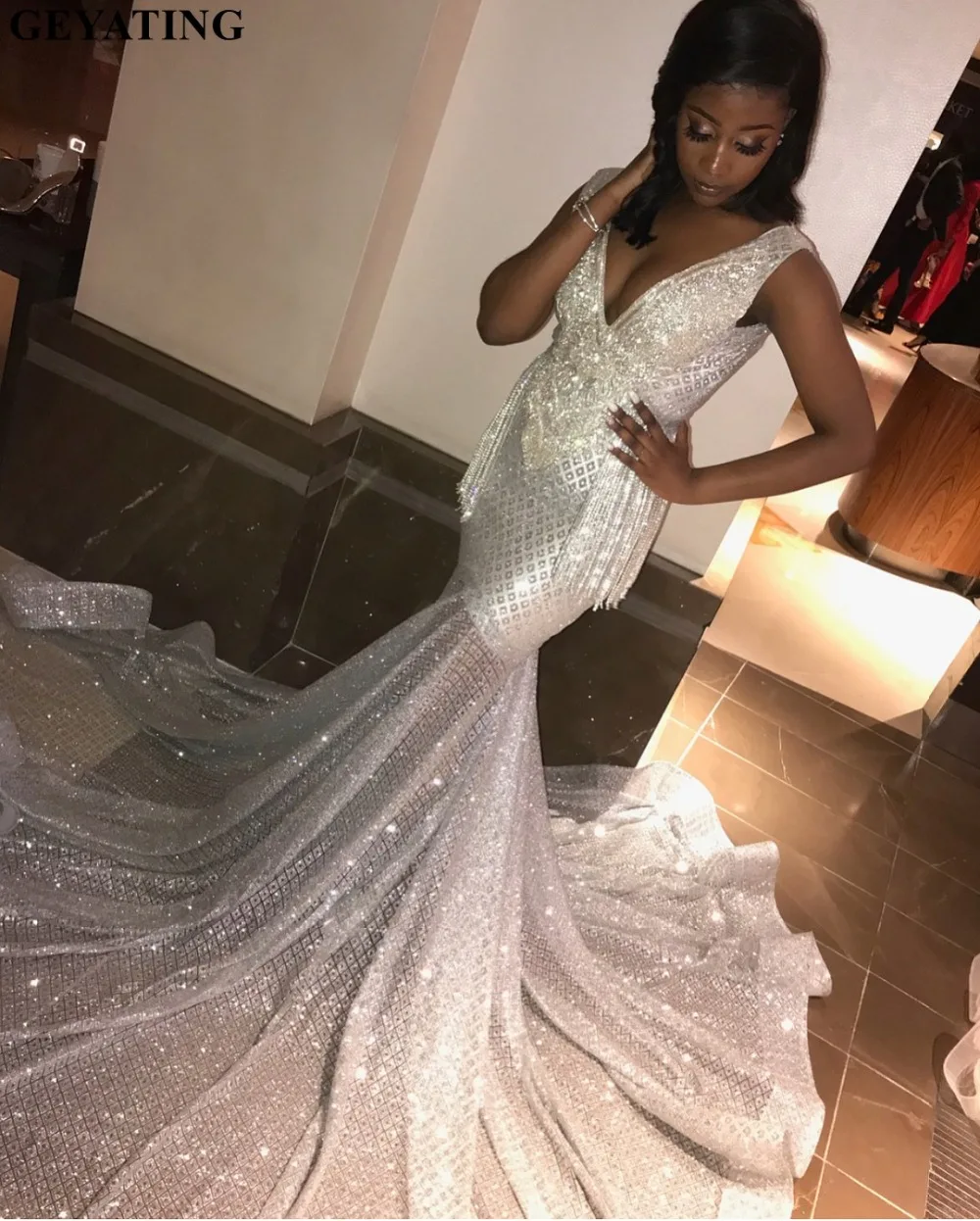 2019 Sparkly Silver Mermaid Sequined Prom Dresses with Long Train Sexy ...