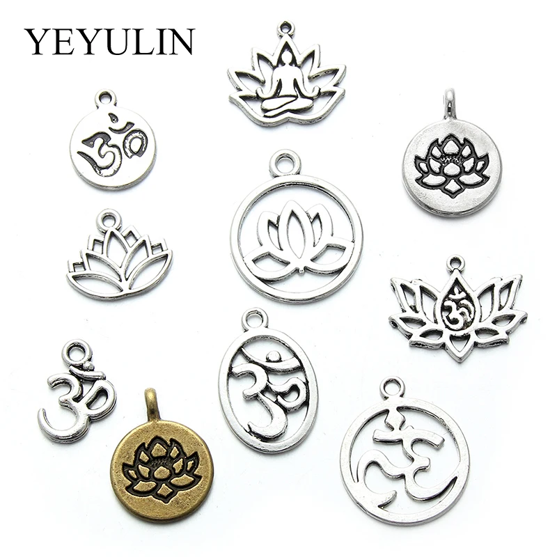 

10 Style Mixed Random Yoga Om Lotus Charms Antique Silver Alloy Pendants Making DIY Handmade Jewelry Findings