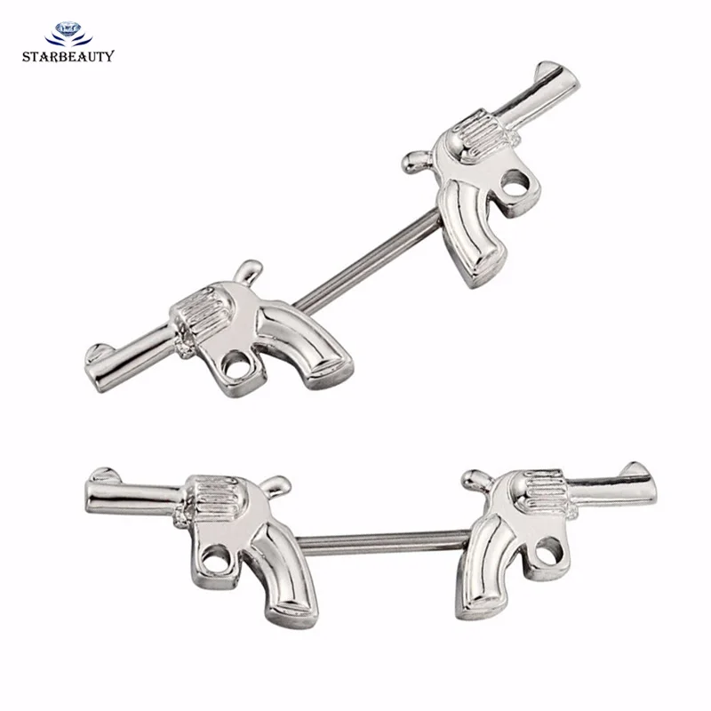 Starbeauty 1 Pair Punk Double Gun Nipple Piercing 14G 1.6x15mm Surgical
