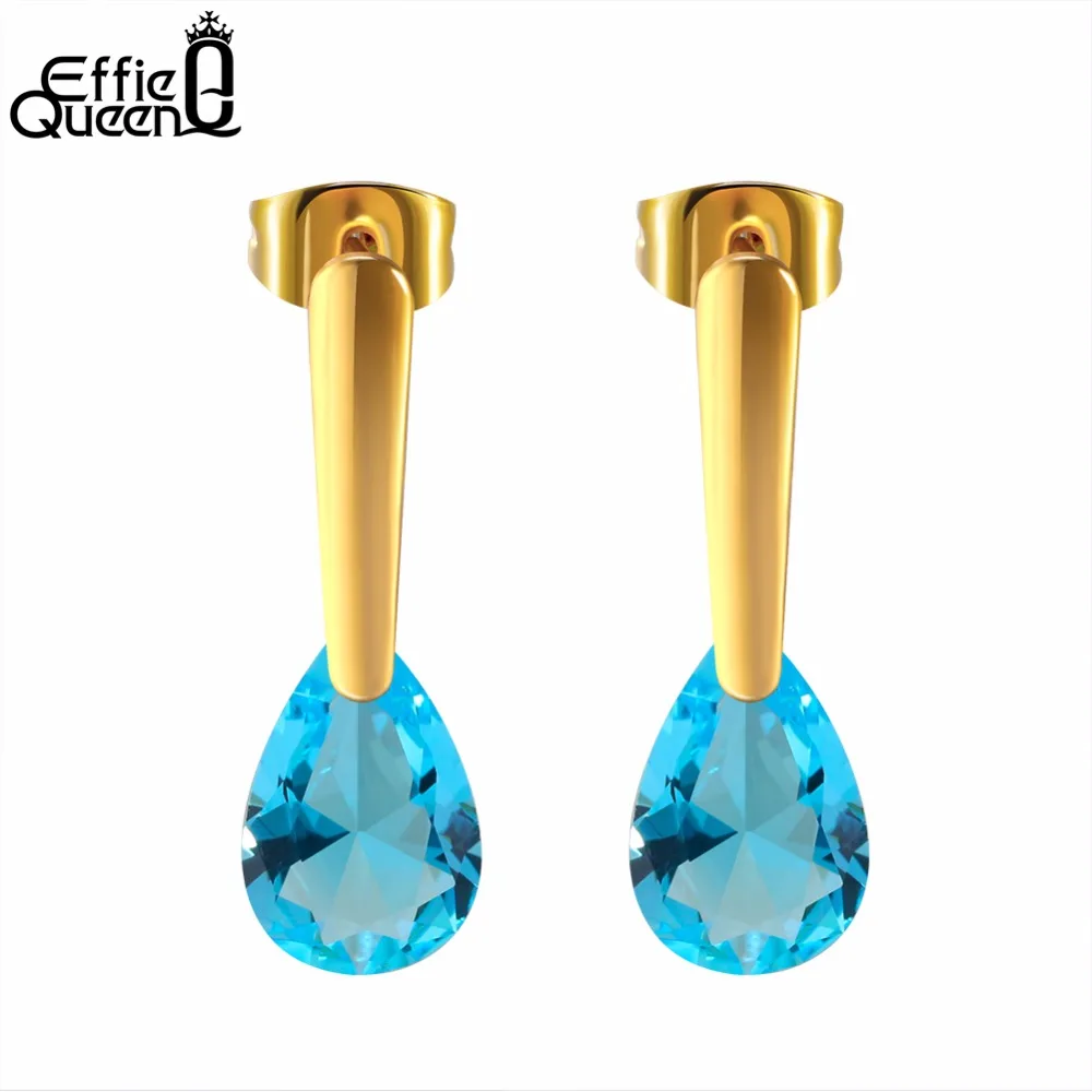 

Effie Queen 5 Color Available Crystal Water Drop Shape Earrings for Women Wedding Gold Color Stud Earring Statement Jewelry IE76