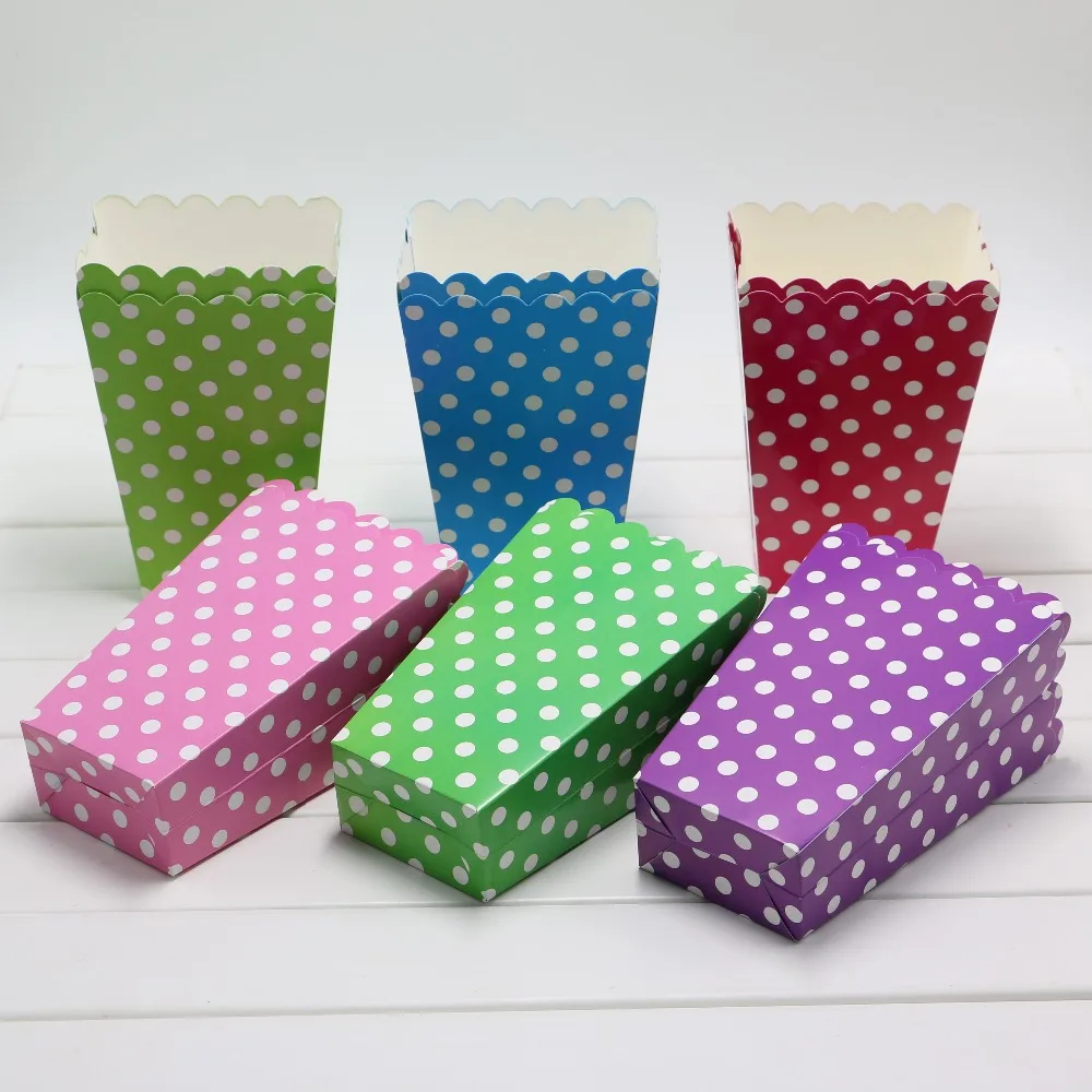 

Kids Favors Party Cups Baby Shower Decoration green/red/blue/purple/pink polka dots Popcorn boxes birthday Gift Candy Boxes 12pc