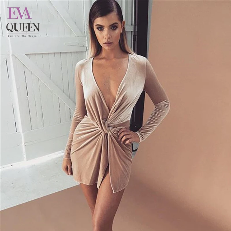 

Evaqueen 2018 Winered Deep V Neck Summer Dress Long Sleeve Cross Bow Dresses Slim Sexy Mini Pencil Club Bodycon Bandage Dress