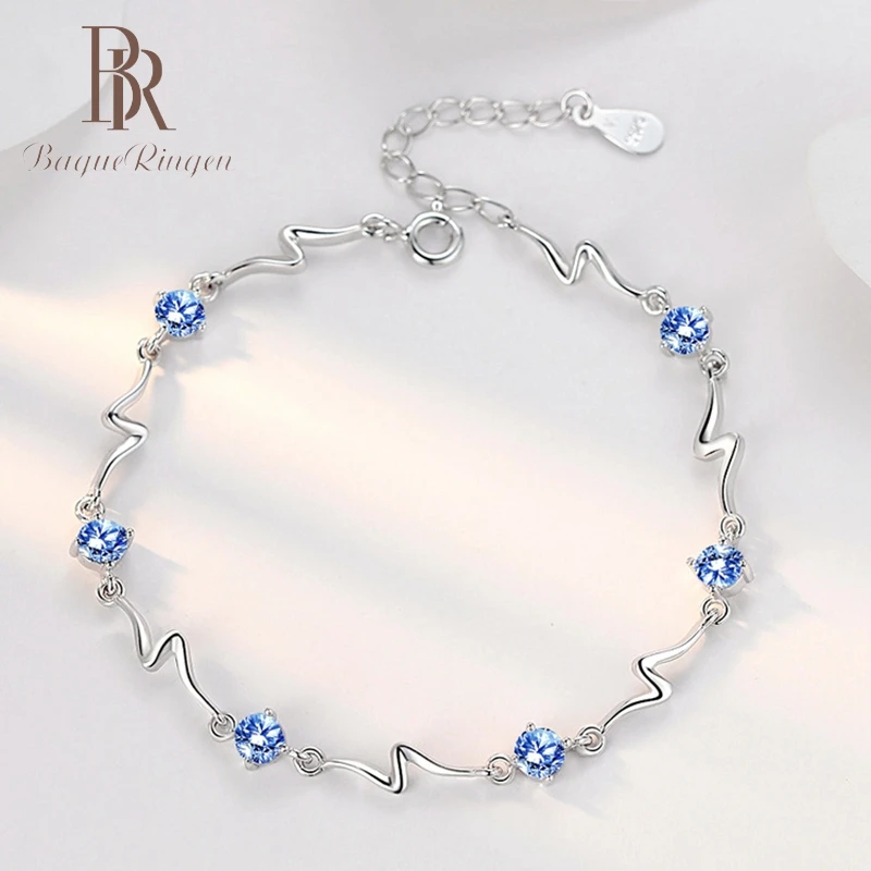 ORSA JEWELS Silver Bracelets Women Blue Topaz Adjustable Box Chain Round Stone Bracelet Sterling Silver 925 Jewelry OVSB03