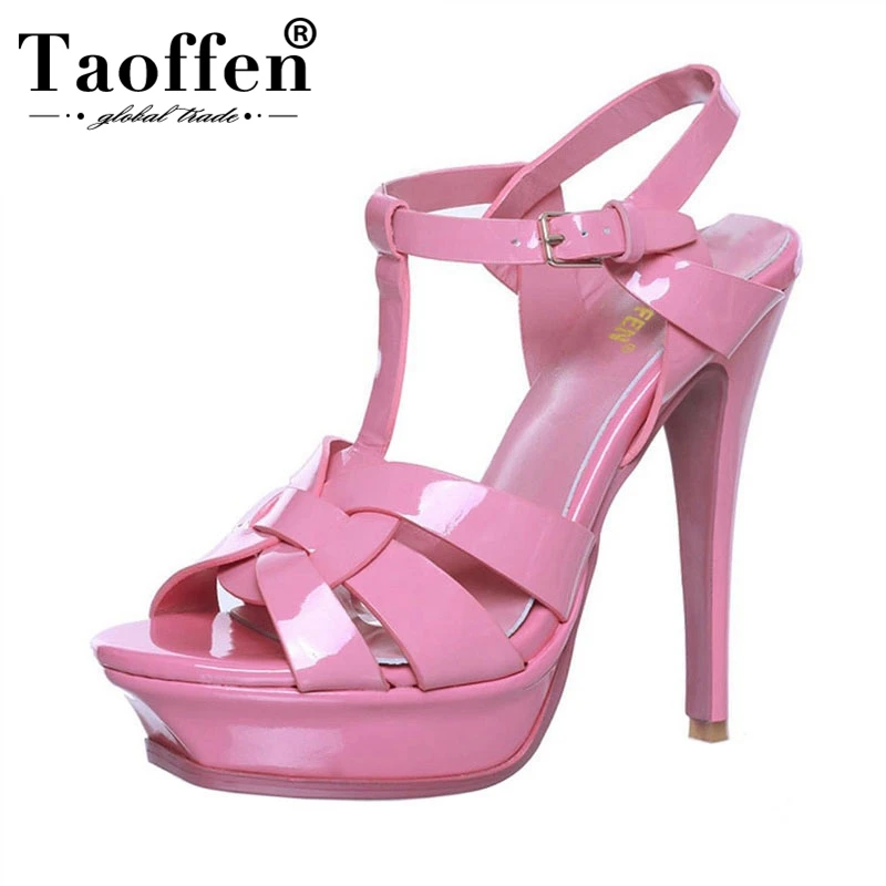 

TAOFFEN woman genuine leather brand sandals high heel 14cm platform rome shoes summer punk t-strap buckle footwear size 33-40