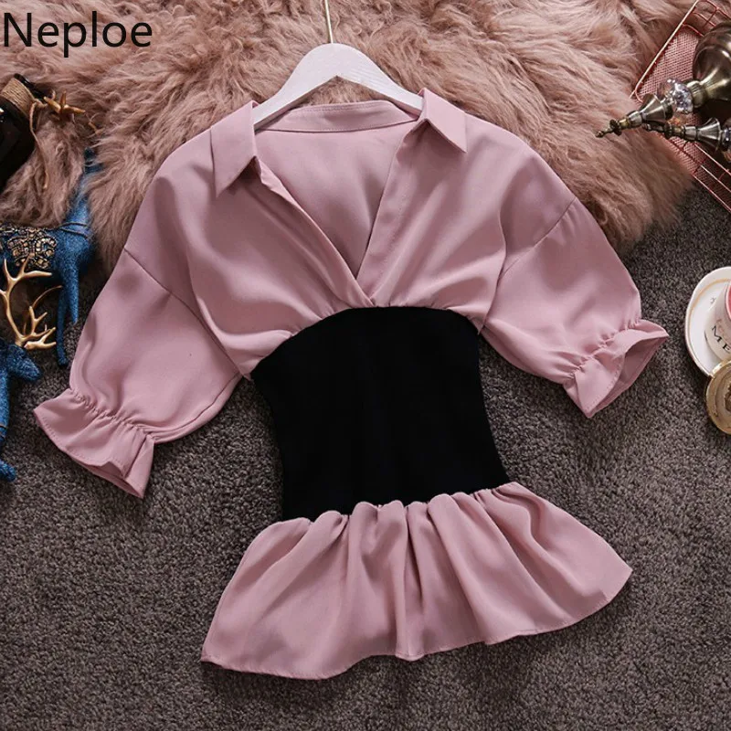 Neploe Chiffon Women Blouse Summer 2019 New V-Neck Puff Sleeve Blusa Fashion Slim Waist Ladies Tops 44599 |