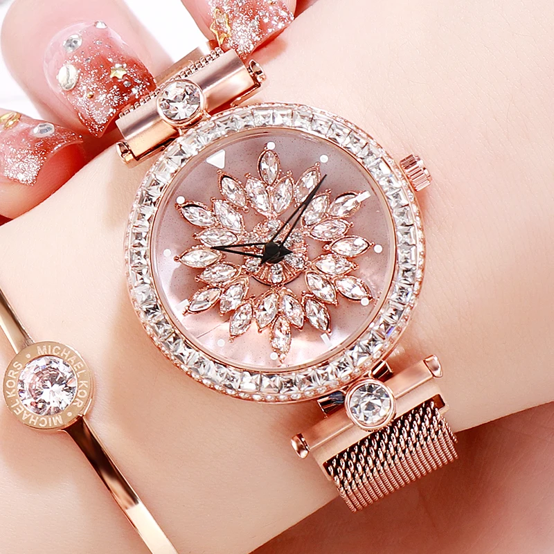 

2019 Rotate Gold Crystal Luxury Women Watches Stainless Steel Bracelet Diamond Ladies Watch quartz female clock relogio feminino