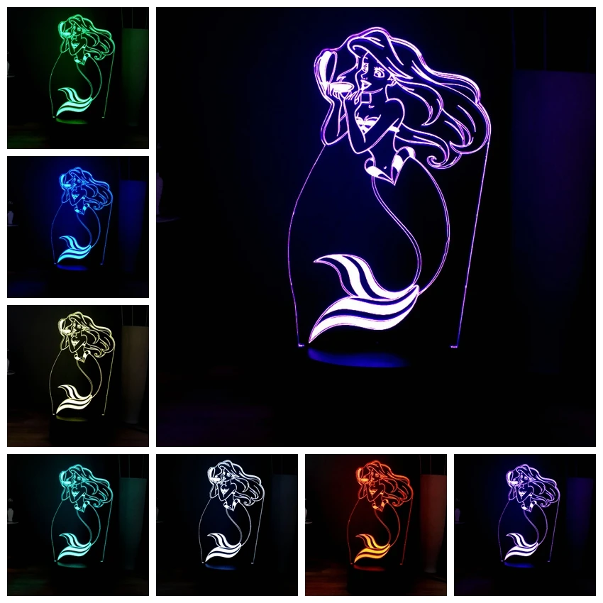 Kawaii 3D визуальная прикроватная лампа мультфильм стежка Eeyore Русалка Микки Маус светодиодный ночник USB Touch разноцветные лампы детский подарок