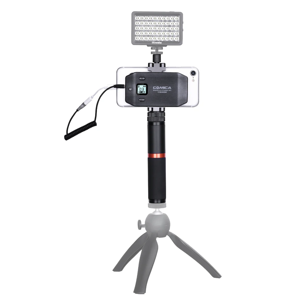 COMICA CVM-WS50 B Mobile Professional Lavalier Wireless System 6-Channels Smartphone clamp Wireless Microphone with Flexible Combination Electronic Remote Control and Tripod for Mobile//Live Video