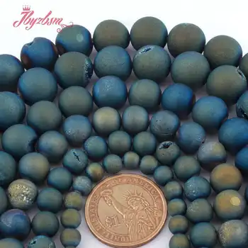 

8,10,12,14mm Round Light Blue Metallic Coated Druzy Agates Stone Beads For Necklace Bracelet DIY Jewelry Making 15"Free Shipping
